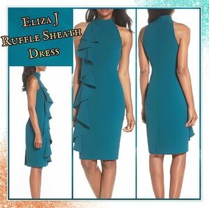 Eliza J, NWT, Ruffle Sheath Dress, in Peacock, Knee Length, Size 18
